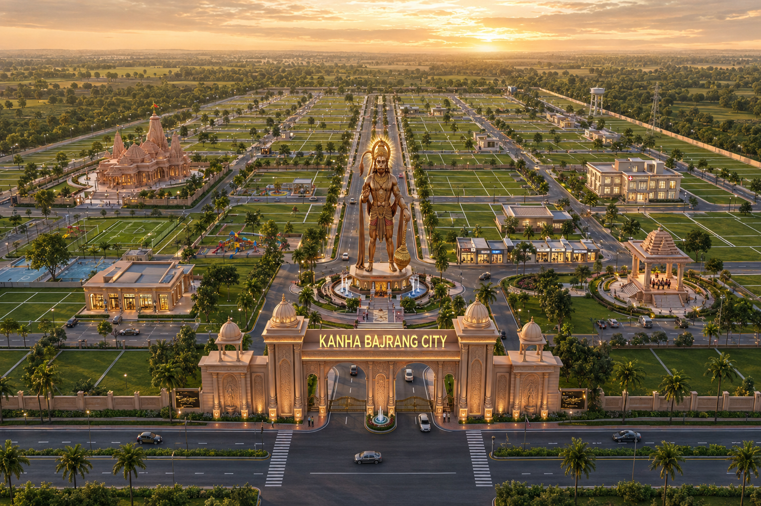 Grand entrance and Lord Hanuman landmark at Kanha Bajrang City